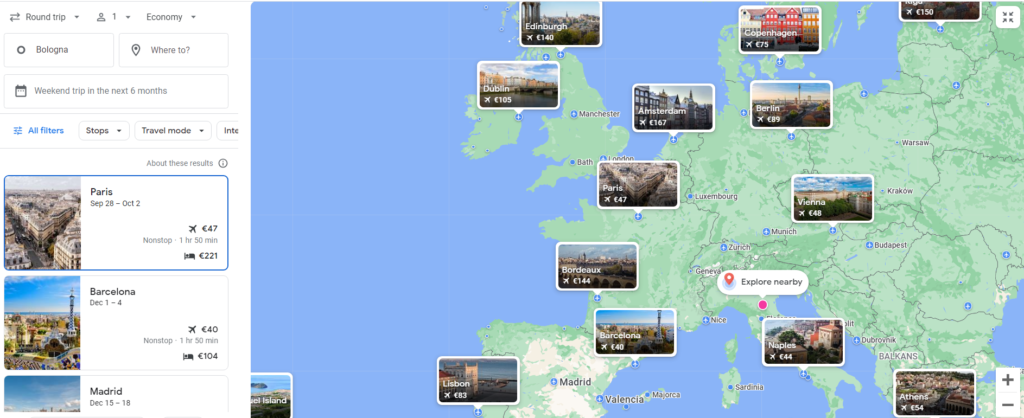 Screenshot of flight search results from Google Travel, showing affordable flight options